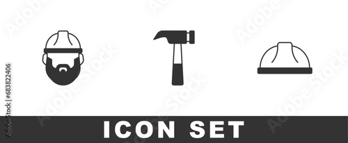 Set Lumberjack, Hammer and Worker safety helmet icon. Vector