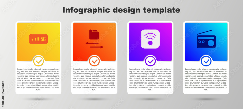 Set 5G wireless internet, Transfer files, Wi-Fi and Radio. Business infographic template. Vector Set 5G wireless internet, Transfer files, Wi-Fi and Radio. Business infographic template. Vector