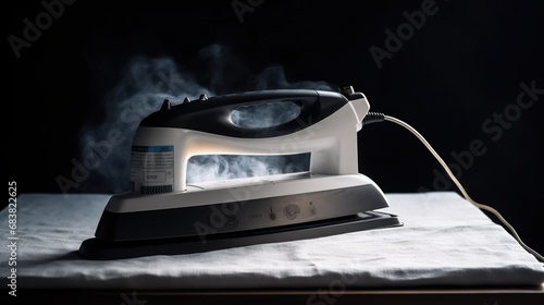 Iron smooths a bill of fifty euros. Ironing cash with hot iron for antibacterial disinfection. Clearing money. Panic and phobia concept caused by pandemic. photo