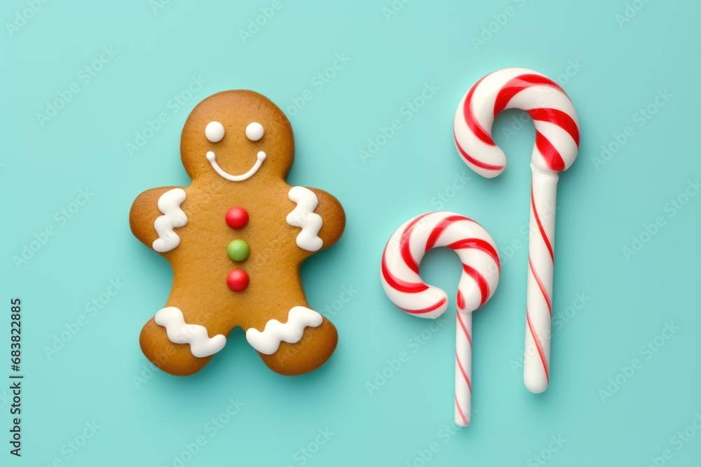 Set of Candy Cane and Gingerbread Man Cookie on Blue Background