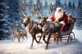 Santa's Reindeers in Snow with Sleigh and Gifts