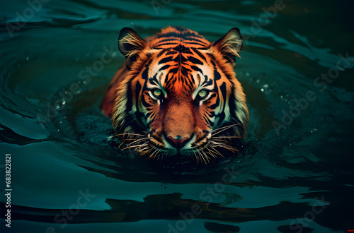 a tiger swimming in a shallow water ai generative