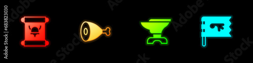 Set Decree, parchment, scroll, Chicken leg, Anvil for blacksmithing and Viking flag icon. Vector