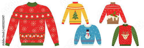 Cute ugly Christmas sweaters vector set in red and green colors, Sweater party clip art collection for invitations and greeting cards