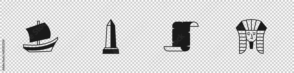 Set Egyptian ship, Obelisk of Alexandria, Papyrus scroll and pharaoh icon. Vector Set Egyptian ship, Obelisk of Alexandria, Papyrus scroll and pharaoh icon. Vector