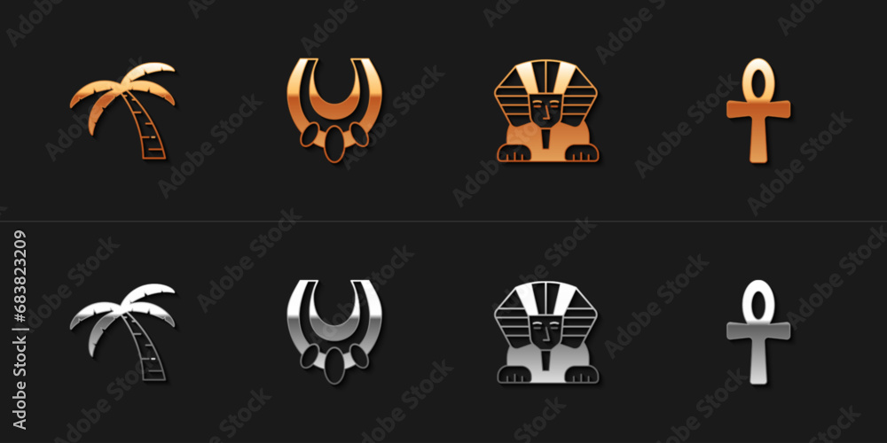 Set Tropical palm tree, Egyptian necklace, Sphinx and Cross ankh icon. Vector Set Tropical palm tree, Egyptian necklace, Sphinx and Cross ankh icon. Vector