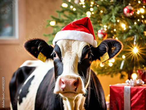 a portrait of a cute Christmas cow, soft light, Christmas background with giant presents and Christmas tree, cute animal, Xmas, funny, joy. Generative AI