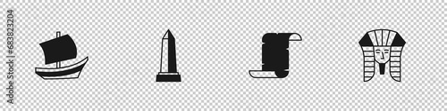 Set Egyptian ship, Obelisk of Alexandria, Papyrus scroll and pharaoh icon. Vector