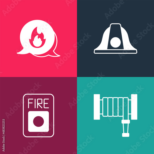 Set pop art Fire hose reel, alarm system, Firefighter helmet and Emergency call icon. Vector