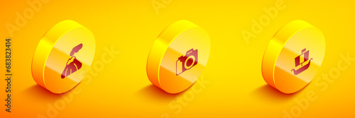 Set Isometric Volcano, Photo camera and Viking ship Drakkar icon. Vector