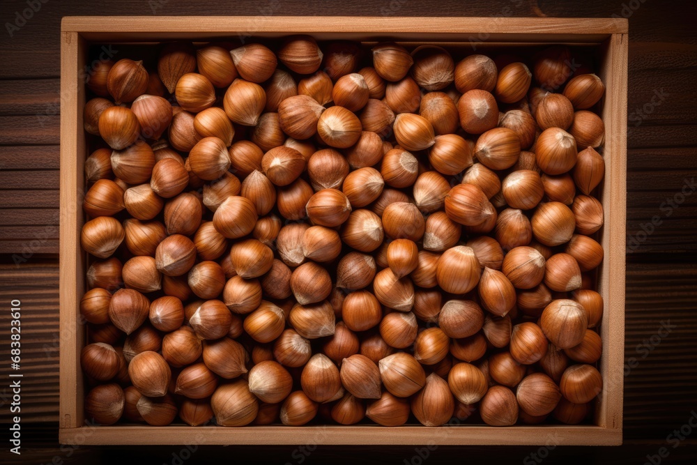 Top view of hazelnuts in a wooden box Top view of hazelnuts in a wooden box