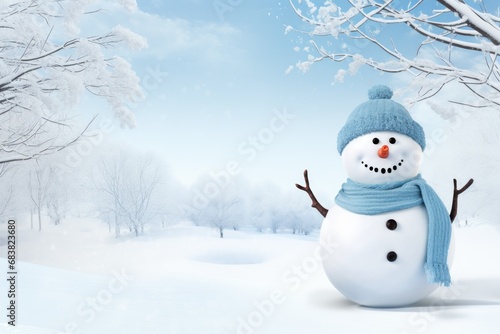 Cheerful Snowman in Winter Scene with Blank Sign for Text © Lucija