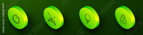 Set Isometric line Stopwatch, Fencing, Racket for playing table tennis and Kettlebell icon. Vector