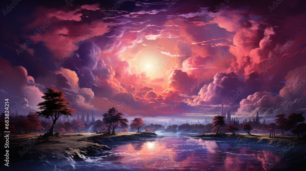 Celestial Ballet: Sunset Cloudscape in Pink and Purple - Generative AI