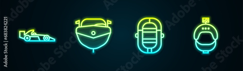Set line Formula 1 racing car, Speedboat, Rafting and Helmet and action camera. Glowing neon icon. Vector