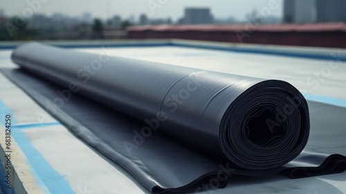 Roll of EPDM Ethylene Propylene Diene Terpolymer Material Laying on a Roof. Modern Roofing Materials. © 3D Station