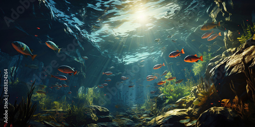 exotic tropical fish underwater in ocean in the aquarium