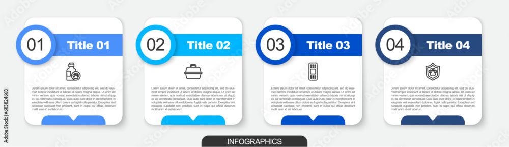 Obraz premium Set line Pet shampoo, carry case, Bandage plaster and Animal health insurance. Business infographic template. Vector