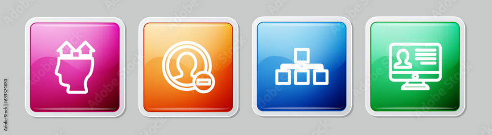 Set line User of man, Create account screen, Hierarchy organogram chart and Monitor with resume. Colorful square button. Vector Set line User of man, Create account screen, Hierarchy organogram chart and Monitor with resume. Colorful square button. Vector
