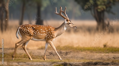 Side view of axis deer walking on field,Jim Corbett National Park,India. photo