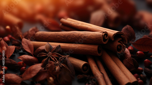 Celebrate the warmth of autumn with a close-up minimalistic background of cinnamon sticks and fallen leaves, evoking a cozy and comforting ambiance. photo