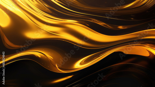 Abstract 3D water with gold shine or liquid glass wallpaper with a dark oil flow background.