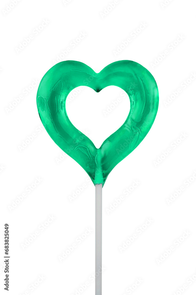 Green lollipop heart shape on transparent background or PNG file. Clipping path. Heart candy on stick, romantic sweet gift. Love symbol. Valentine's day, Mother's Day.