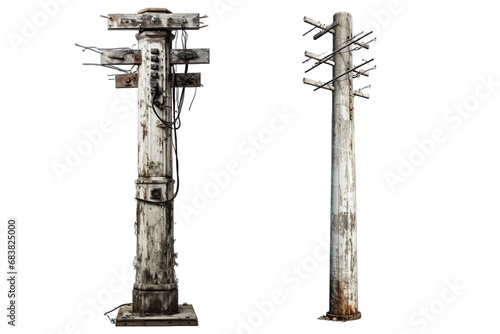 Two Old Wooden Telephone Poles on transparent Background photo
