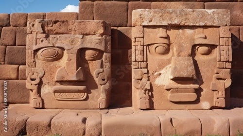 Tiwanaku face sculptures,tiwanaku stone carved face sculptures embedded in walls. photo