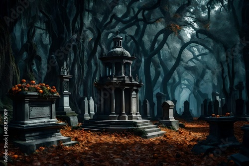 Happy Halloween, dark fantasy Forest cemetery tombs in a fairy landscape Mystery horror: Day of the Dead.
