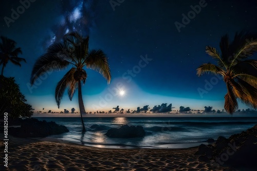 Moonlit scenery, empty shoreline, palm tree, and night sky.