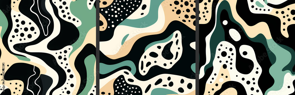 Set of trendy liquid abstract seamless patterns in green, white, yelow, black colors. Fluid flat shapes, bold curved wavy distorted lines, stripes, dots on white background texture.