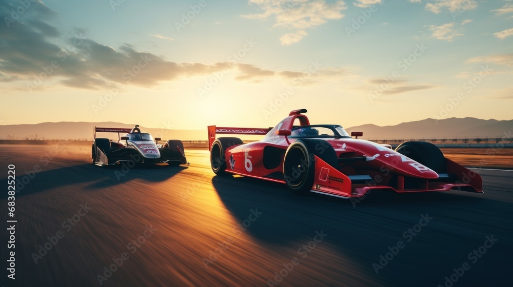 Two generic red racing cars with same livery driving at high speed along a straight section of racetrack under bright blue dawn sky with some white clouds.