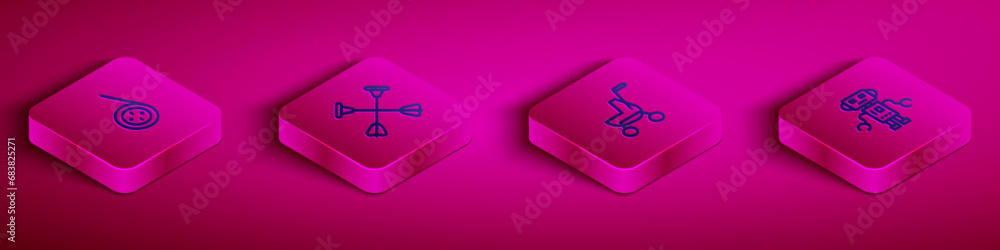 Set Isometric line Yoyo toy, Arrow with sucker tip, Baby stroller and Robot icon. Vector Set Isometric line Yoyo toy, Arrow with sucker tip, Baby stroller and Robot icon. Vector