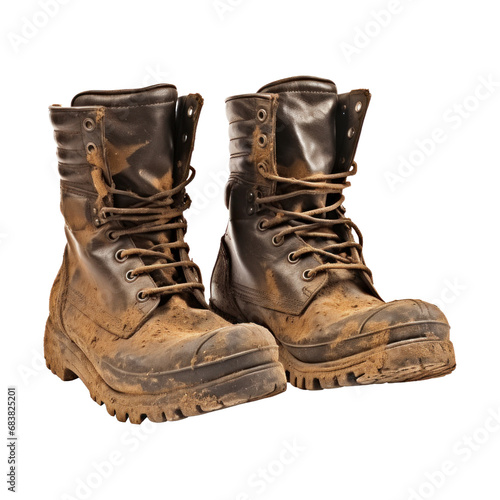 Dirty military boots. Isolated on transparent background. 