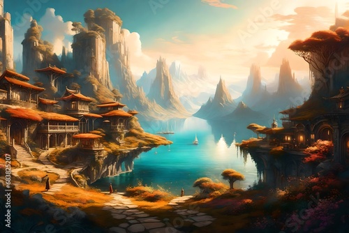 Beautiful fantasy landscape depicted in an artistic concept artwork, surrealism. Dreamy, delicate design with backdrop illustration. © Amazing-World