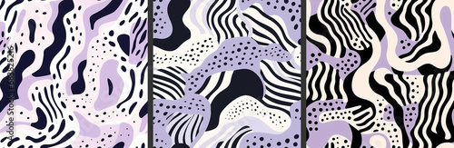 Set of trendy liquid abstract seamless patterns in light lavender purple, white, black colors. Fluid flat shapes, bold curved wavy distorted zebra lines, stripes, dots on white background texture.