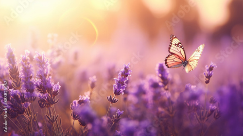 Lavender Field at Sunset with Butterflies
