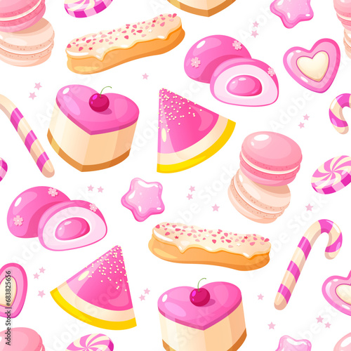 Vector seamless pattern with different sweets in pink color