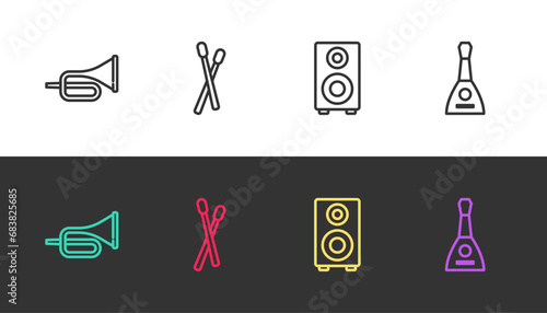 Set line Trumpet, Drum sticks, Stereo speaker and Balalaika on black and white. Vector