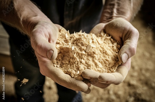Carpenter holding sawdust. Person wooden production material dust. Generate Ai
