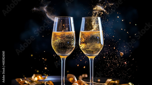 New year's eve celebration with midnight toast of two champagne glasses and fireworks background and confetti