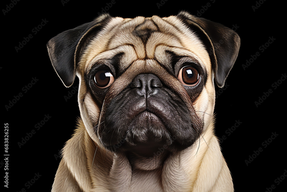 mops pug dog portrait on black background