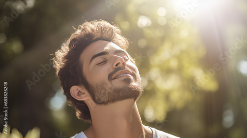 Headshot of a handsome young man breathing fresh air in a hazy park under the morning sun