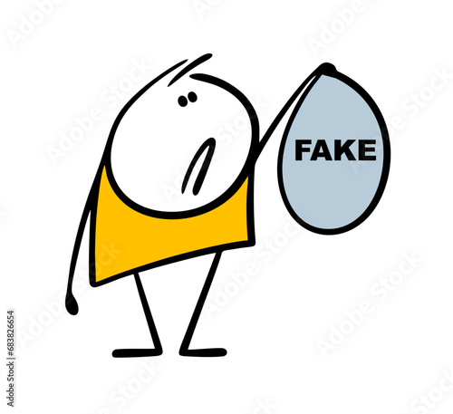 Cartoon disgruntled, frustrated cartoon stickman holds a large bubble with an inscription. Vector illustration of a naive buyer, bought a fake.