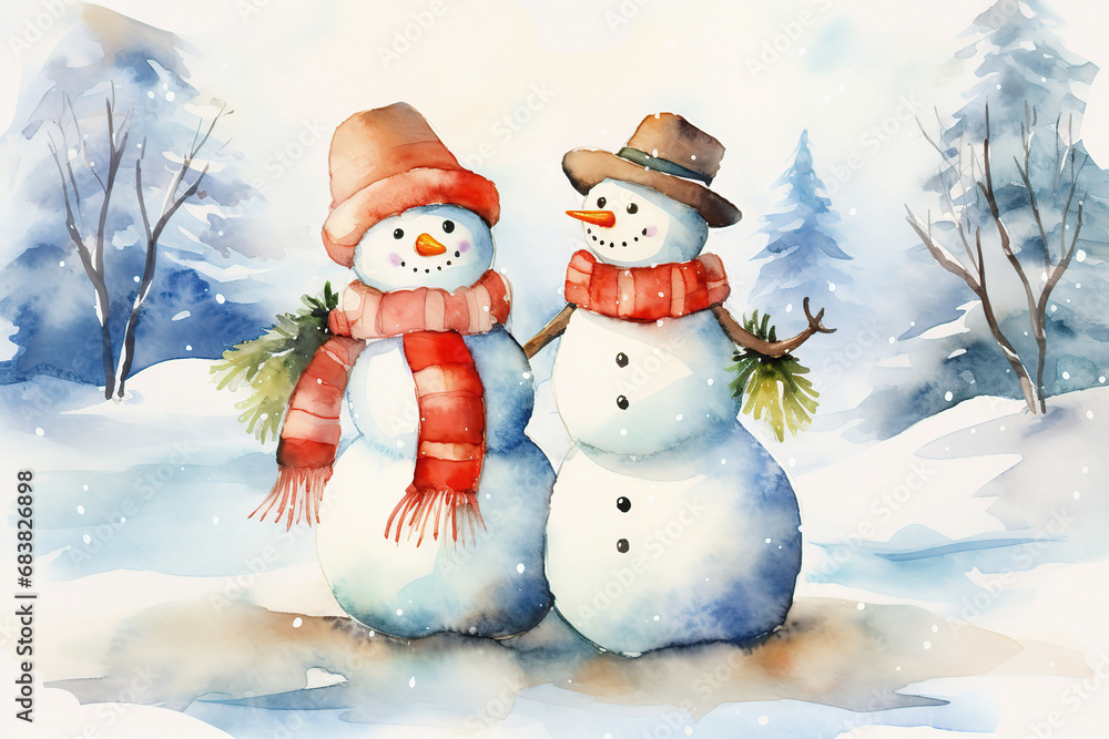 watercolor postcard with happy couple male and female snowmans hugging together, wearing scarf and hat; snowy forest watercolor postcard with happy couple male and female snowmans hugging together, wearing scarf and hat; snowy forest