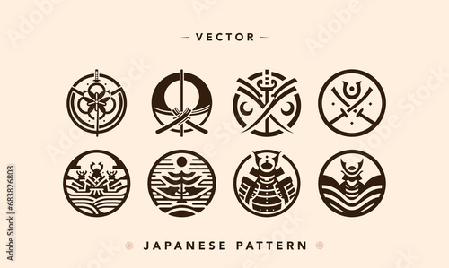 Stylized Samurai and Shinto Vector Icons