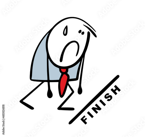 Tired businessman barely reached the finish line. Vector illustration of the end of the financial race for business success.