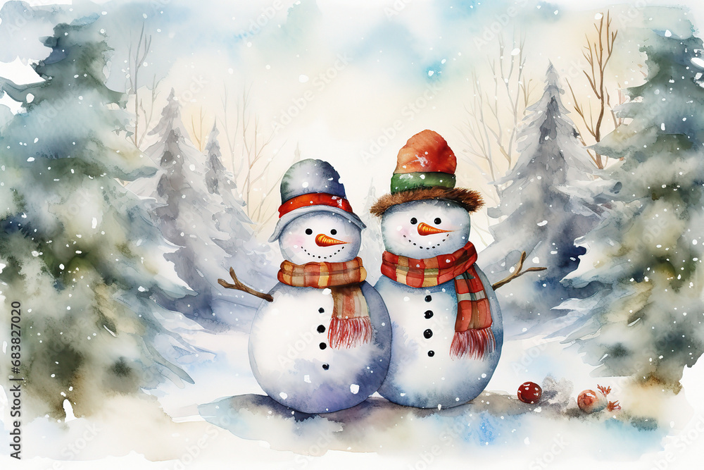 watercolor postcard with happy couple male and female snowmans hugging together, wearing scarf and hat; snowy forest
