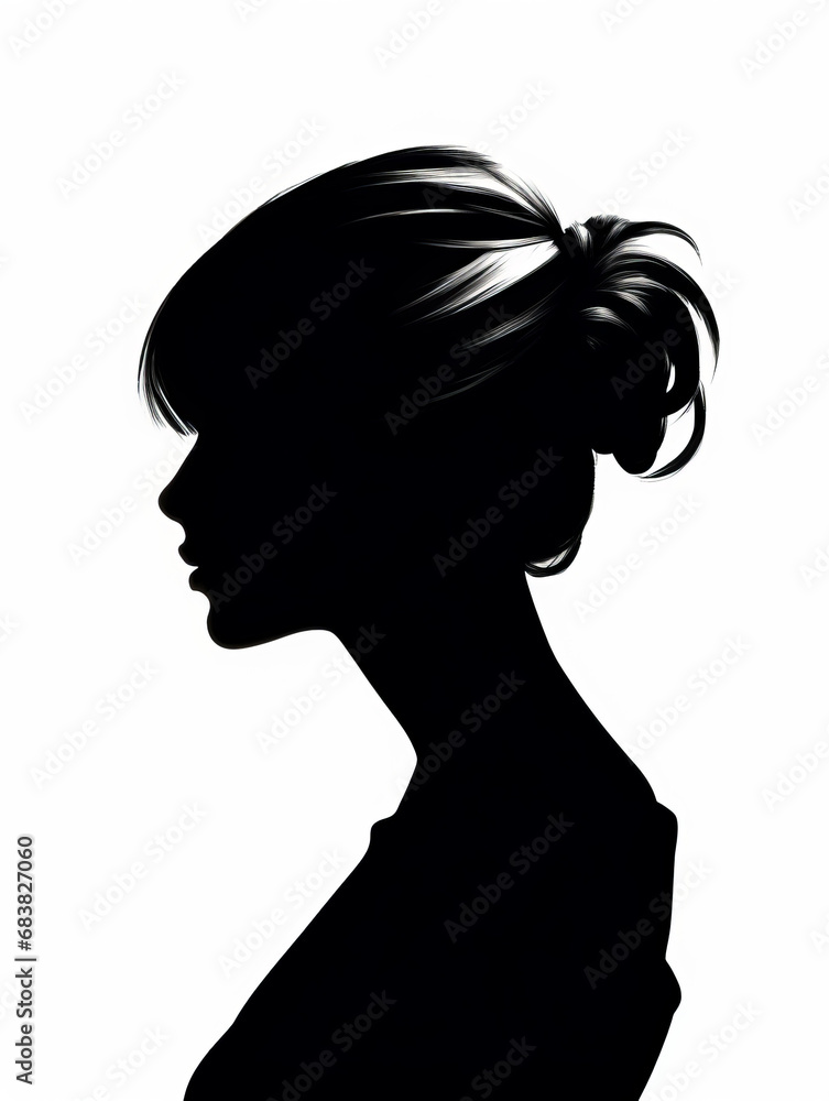 Silhouette of a woman's side profile, featuring a short haircut in black and white.